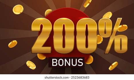 200 percent bonus with falling golden coins. Cashback or prize concept. Vector illustration