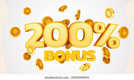 200 percents bonus. Falling golden coins. Cashback or prize concept. Vector illustration