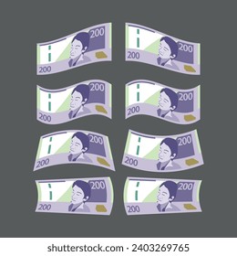 200 Peruvian Soles Vector Illustration. New banknotes of 200. Package of Peruvian Money Banknotes. 200 Suns Falling and Flying. Flat style.