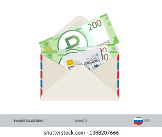 200 Russian Ruble banknotes and credit card. Flat style opened envelope with cash. Salary payout or bank transaction concept.