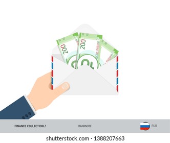 200 Russian Ruble Banknotes in envelope hold in hand. Flat style opened white envelope with cash. Salary payout or corruption concept.