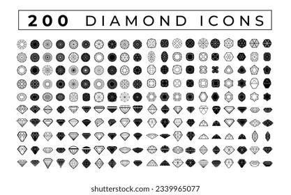 200 simple diamond icons bundle. Vector illustration. minimalistic luxury logotype