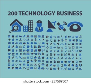 200 negocios tecnológicos, iconos aislados de comunicación, signos, siluetas, ilustraciones, set, vector