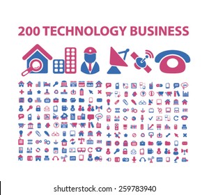 200 technology business icons, signs, illustrations concept design set, vector