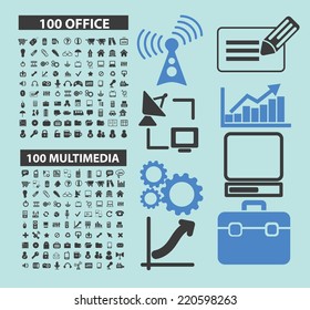 200 technology, computer, electronics, connection icons, signs, illustrations, silhouettes set, vector on blue background