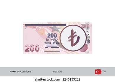 200 Turkish Lira Banknote. Flat style highly detailed vector illustration. Isolated on white background. Suitable for print materials, web design, mobile app and infographics. 