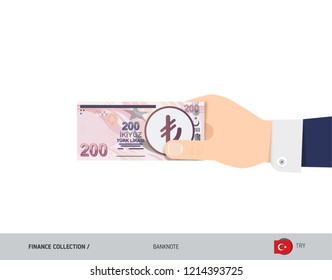 200 Turkish Lira Banknote. Hand gives money. Flat style vector illustration. Salary payout or corruption concept.