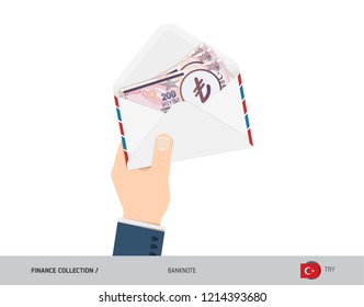200 Turkish Lira Banknotes in envelope hold in hand. Flat style opened white envelope with cash. Salary payout or corruption concept.