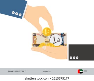 200 United Arab Emirates Dirham banknote and coins in the palm of hands. Flat style vector illustration. Finance concept.