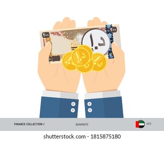 200 United Arab Emirates Dirham banknote and coins in the palm of hands. Flat style vector illustration. Finance concept.