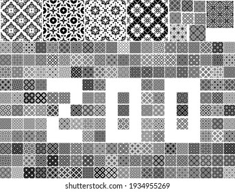 200 Universal different geometric seamless patterns. Endless vector texture can be used for wrapping wallpaper, pattern fills, web background,surface textures. Set of monochrome ornaments