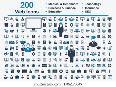 200 Universal Web Icons Including Medical And Healthcare, Business, Finance, Insurance, Technology, Education, SEO Sign. Editable Vector EPS Symbol Illustration.