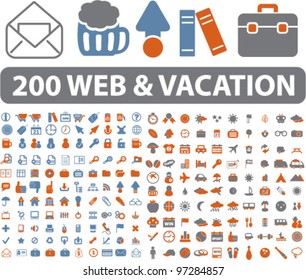 200 web & vacation travel icons, signs, vector