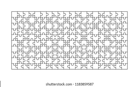 200 white puzzles pieces arranged in a rectangle shape. Jigsaw Puzzle template ready for print. Cutting guidelines isolated on white