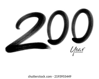 200 Years Anniversary Celebration Vector Template, 200 Years  logo design, 200th birthday, Black Lettering Numbers brush drawing hand drawn sketch, number logo design vector illustration