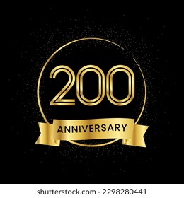 200 years anniversary inside a golden circle and glitter spread on a black background. Golden number anniversary
