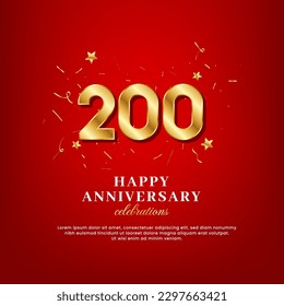 200 years of golden numbers, anniversary celebrating text, and anniversary congratulation text with golden confetti spread on a red background