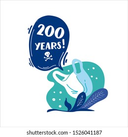 200 years. How long decompos plastic bag in nature. Stop plastic pollution! Vector flat illustration for World Environment Day. Plastic floats in the ocean. Harm to nature. Elements, clip art