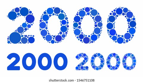 2000 digits text composition of small circles in different sizes and shades, based on 2000 digits text icon. Vector random circles are combined into blue composition.