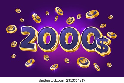 2000 dollar coupon gift voucher, cash back banner special offer, casino winner. Vector illustration