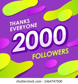 2000 followers celebration social media banner template. Congratulation, online blog, vlog subscribers greeting card. Internet advertisement campaign. Social networks promotional poster design
