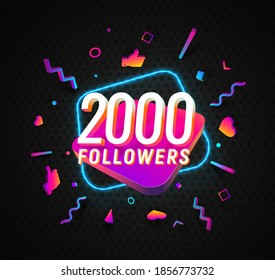 2000 followers celebration in social media vector web banner on dark background. Two thousand follows 3d Isolated design elements