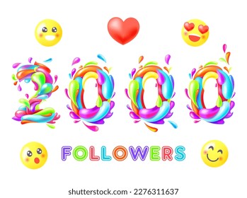 2000 followers color 3D picture. Thank you followers color numbers. The vector thanks card for network friends with color bubble. Splash paint isolated on white.