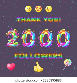 2000 followers color 3D picture. Thank you followers color numbers. The vector thanks card for network friends with color bubble. Splash paint on dark background.