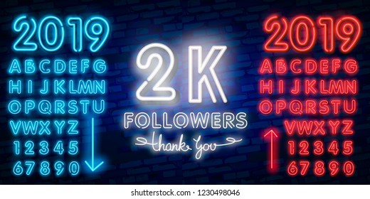 2000 followers neon sign on the wall. Realistic neon sign with number of followers. Vector illustration for celebrating a large number of subscribers in social networks.