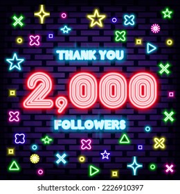 2000 Followers Thank you Neon signboards. Bright signboard. Light banner. Trendy design elements. Vector Illustration