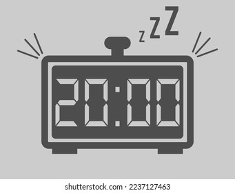 20:00 hours digital alarm clock. Vector with alarm clock marking time. Design for telling time with sleep icon