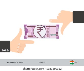 2000 Indian Rupee Banknote. Business hands measuring banknote. Flat style vector illustration. Business finance concept.