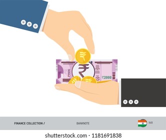 2000 Indian Rupee Banknote and coins in the palm of hands. Flat style vector illustration. Finance concept.