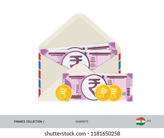 2000 Indian Rupee Banknote. Flat style opened envelope with cash. Indian Rupee banknotes and coins. Salary payout or corruption concept.