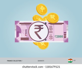 2000 Indian Rupee Banknote with flying coins. Flat style vector illustration. Finance concept.