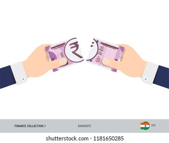 2000 Indian Rupee Banknote. Hands tearing banknote. Flat style vector illustration. Business finance concept.