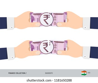 2000 Indian Rupee Banknote. Hands tearing banknote set. Flat style vector illustration. Business finance concept.