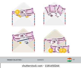 2000 Indian Rupee Banknote. Set of flat style opened envelopes with cash. Isolated white paper envelope with moneys. Finance concept.