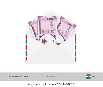2000 Indian Rupee Banknotes in envelope. Flat style opened white envelope with cash. Salary payout or corruption concept.