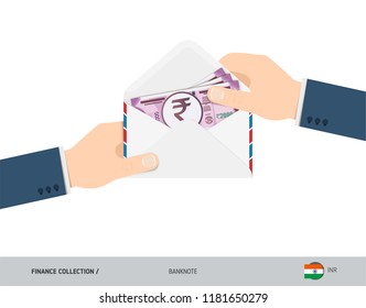 2000 Indian Rupee Banknotes in envelope hold in hand. Flat style opened white envelope with cash. Salary payout or corruption concept.