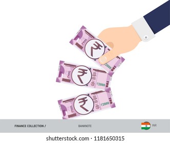 2000 Indian Rupee Banknotes. Hand throwing banknotes. Flat style vector illustration. Waste of money concept.