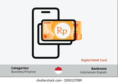 2000 Indonesian Rupiah Digital Debit Card Integrated with Mobile Phone Icon.