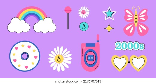 2000 psychedelische Set-Aufkleber. Trippy Gänseblümchen, Regenbogen, Lächeln, Lollypop, Sterne, Schmetterling, Kompaktscheibe, Handy, Brille auf violettem Hintergrund. Y2k strahlt Elemente aus. Cartoon, Vektorgrafik.