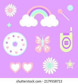 2000 psychedelic set stickers. Trippy daisies, rainbow, lollypop, butterfly, compact disc, mobile phone, glasses, stars on purple background. Y2k vibes elements. Cartoon vector illustration.