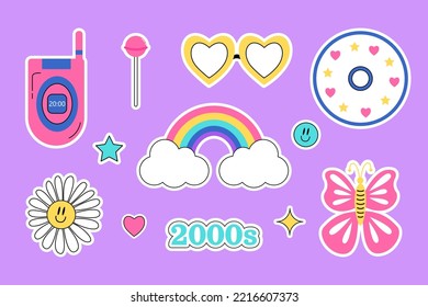 2000 psychedelic set stickers. Trippy daisy, rainbow, smile, lollypop, stars, butterfly, compact disc, mobile phone, glasses on purple background. Y2k vibes elements. Cartoon vector illustration.