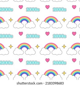 2000 rainbow pattern. Colorful rainbow, star, heart and symbol 2000s on white background. Y2k vibes elements. Cartoon pattern. Psychedelic hand drawn vector illustration.