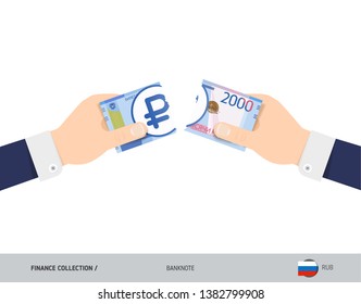 2000 Russian Ruble Banknote. Hands tearing banknote. Flat style vector illustration. Business finance concept.