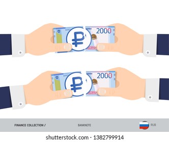 2000 Russian Ruble Banknote. Hands tearing banknote set. Flat style vector illustration. Business finance concept.
