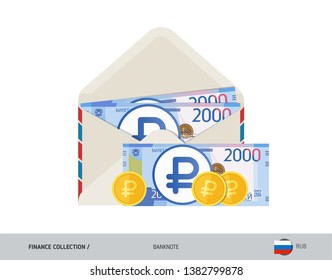 2000 Russian Ruble Banknotes and coins. Flat style opened envelope with cash. Salary payout or corruption concept.