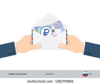 2000 Russian Ruble Banknotes in envelope hold in hand. Flat style opened white envelope with cash. Salary payout or corruption concept.